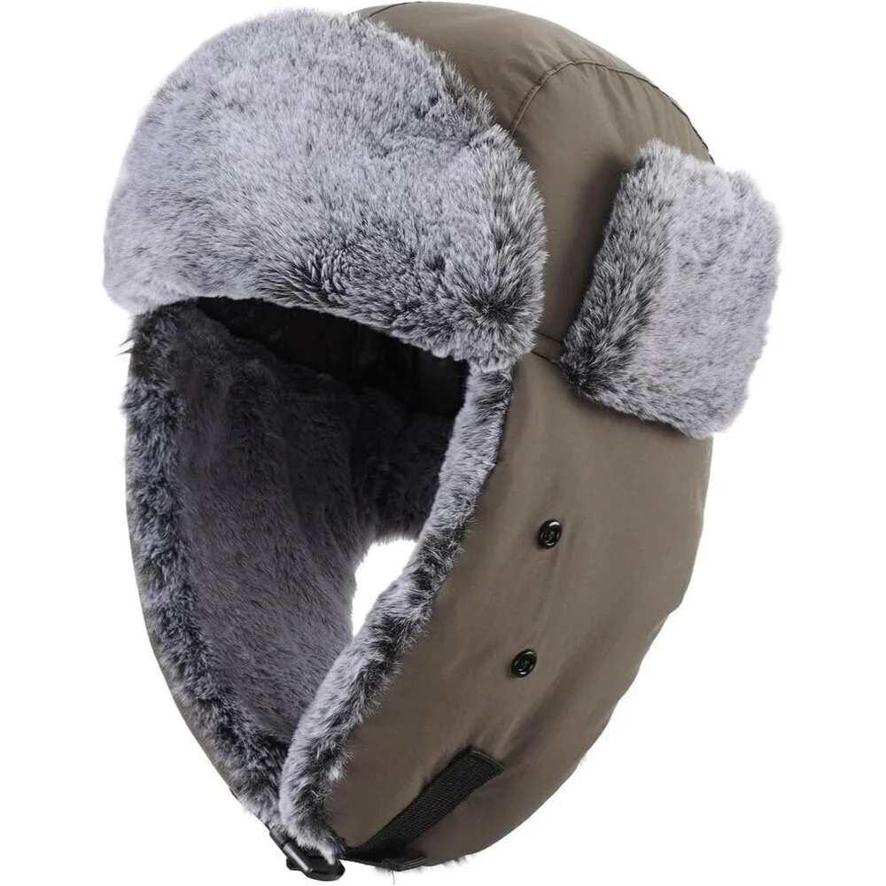 Men's Dark Grey Trapper Hat Faux Fur Trooper Hunting Cap with Face Mask